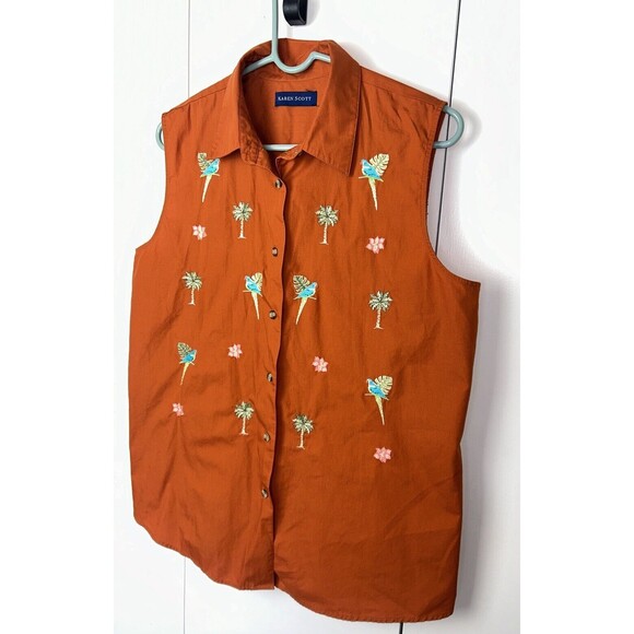 Karen Scott Womens Button Up Shirt Sz L Embroidered Parrots & Palm Trees Orange - Picture 2 of 6